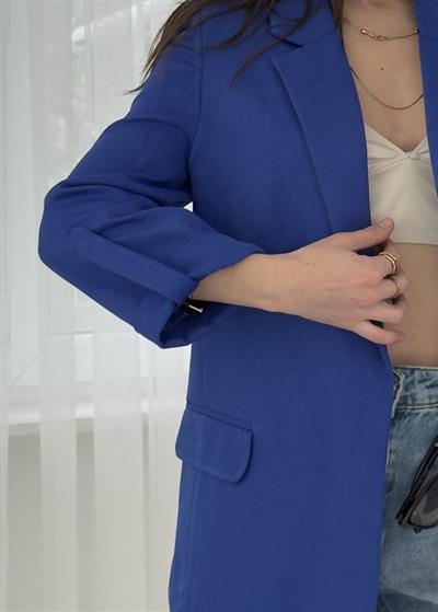Helen Saks Mavi Premium Kol Katlamalı Poliviskon Blazer