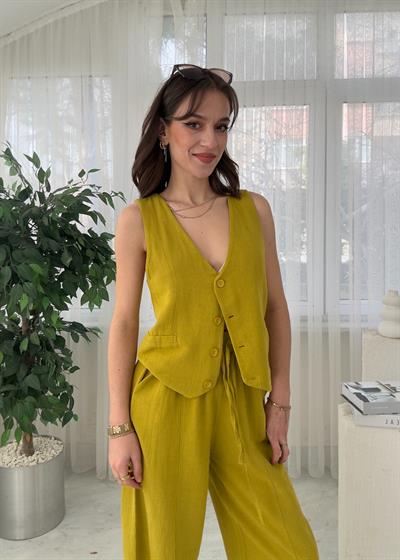 Helia Yağ Yeşili İkili Keten Takım 