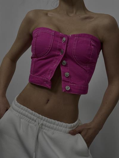 Jean Pembe Düğmeli Crop