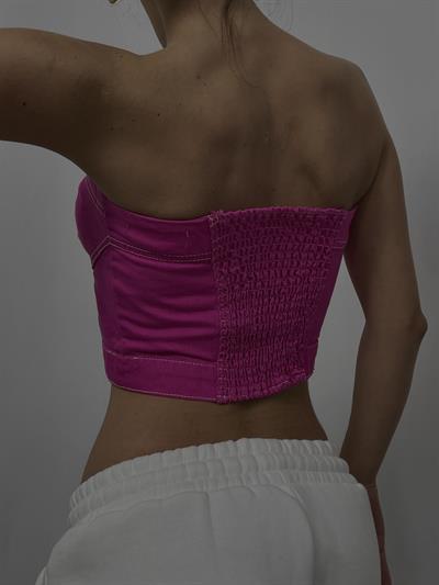 Jean Pembe Düğmeli Crop