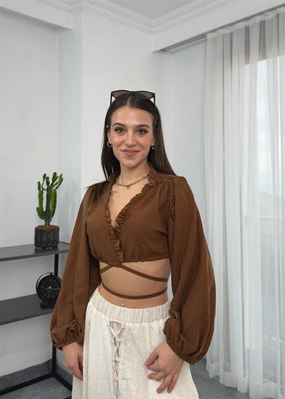 Kahverengi Bağlama Detaylı Crop Top 