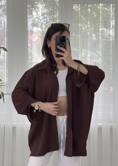 Kahverengi  İthal Ayrobin Tek Cepli Oversize Gömlek