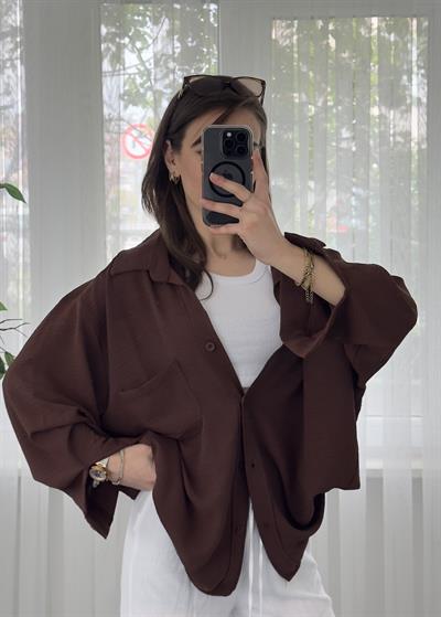 Kahverengi  İthal Ayrobin Tek Cepli Oversize Gömlek