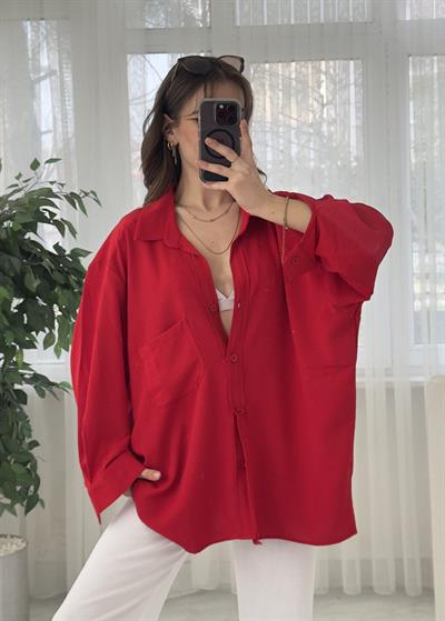 Kırmızı İthal Ayrobin Tek Cep Oversize Gömlek 