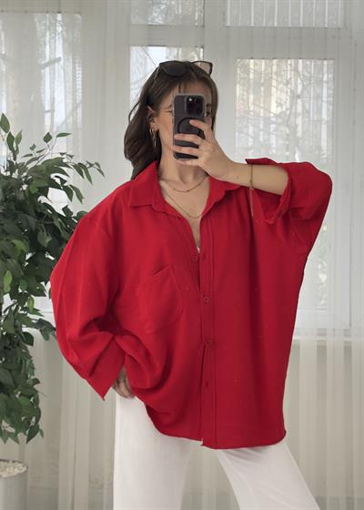 Kırmızı İthal Ayrobin Tek Cep Oversize Gömlek 