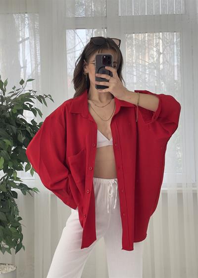 Kırmızı İthal Ayrobin Tek Cep Oversize Gömlek 