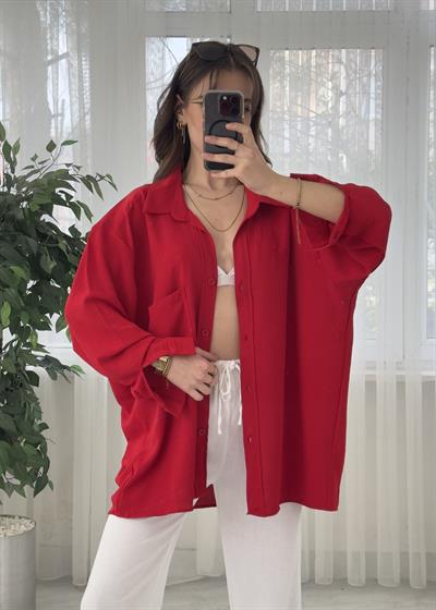 Kırmızı İthal Ayrobin Tek Cep Oversize Gömlek 