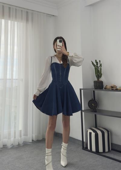 Korse Detaylı Denim Elbise