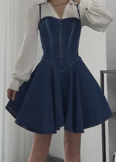 Korse Detaylı Denim Elbise