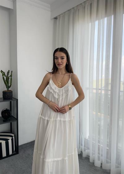 Krinkıl Fırfırlı Keten Elbise Uzun Elbise
