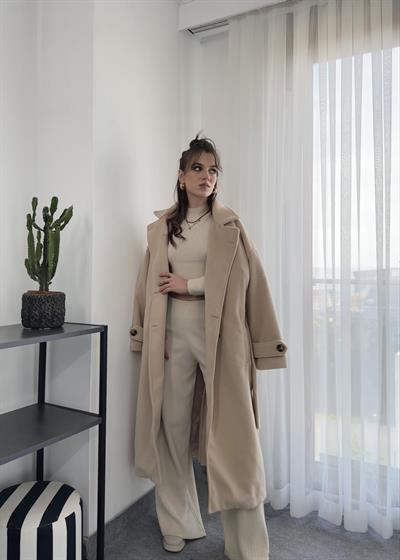 Kuşaklı Ekru Kaşmir Kaban 