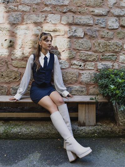 Lacivert Çizgili Mini Etek Yelek Takım