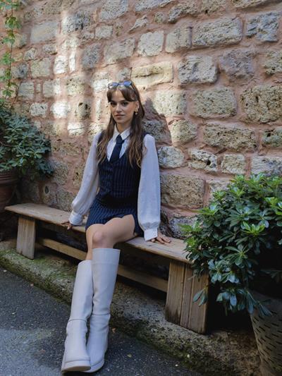 Lacivert Çizgili Mini Etek Yelek Takım