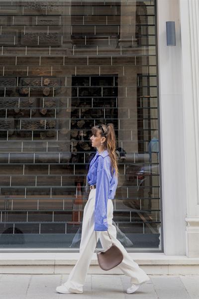 Lacivert Çizgili Oversize Gömlek 