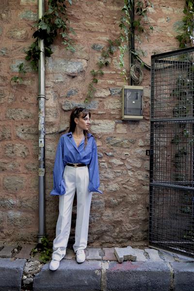 Lacivert Çizgili Oversize Gömlek 