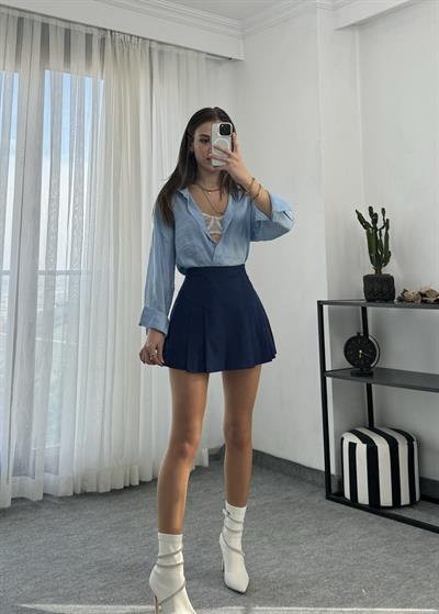 Lacivert Mini Pileli Şortlu Etek