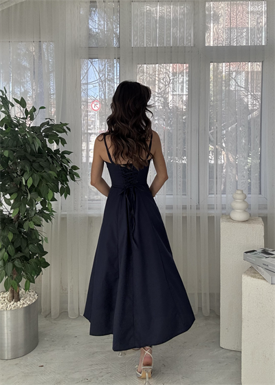 Lacivert Pinterest Sırt Biyeli YırtmaçlıElbise