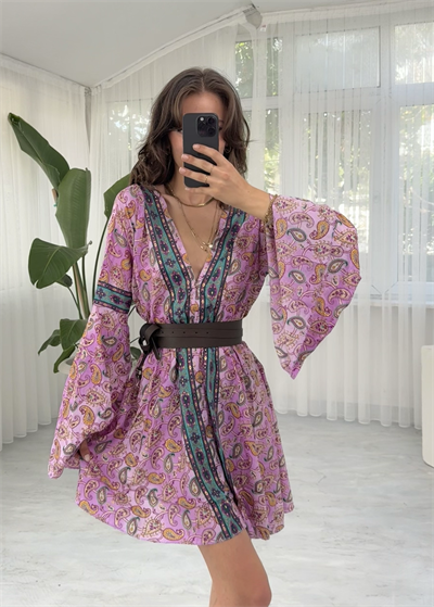 Liana Lila Mini Sırt Dekolteli Mini Etnik İpek Elbise 