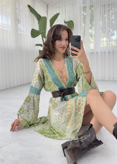 Liana Su Yeşili Mini Sırt Dekolteli Etnik İpek Elbise 