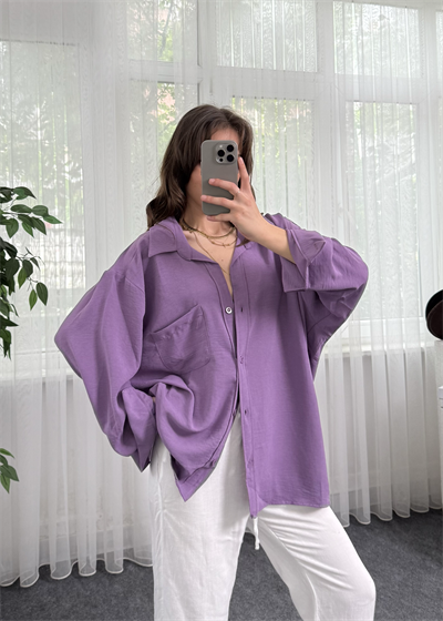 Lila İthal Ayrobin Oversize Kalıp Tek Cep Gömlek