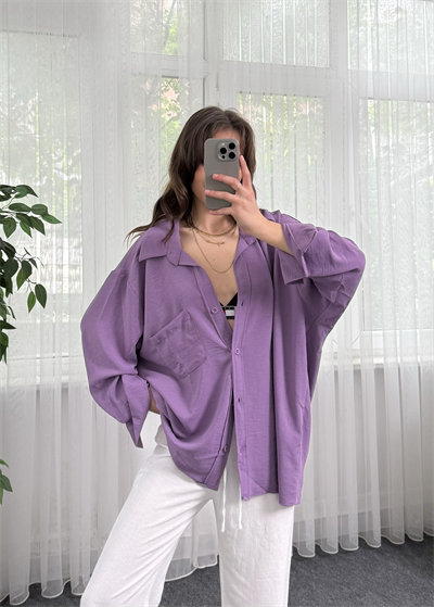 Lila İthal Ayrobin Oversize Kalıp Tek Cep Gömlek