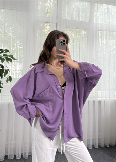 Lila İthal Ayrobin Oversize Kalıp Tek Cep Gömlek