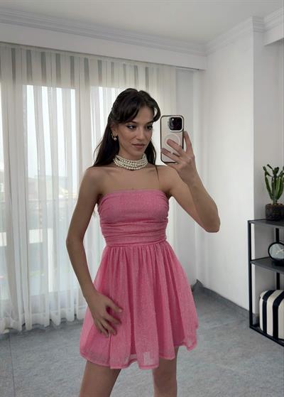 Liona Mini Fiyonklu Pembe Elbise 