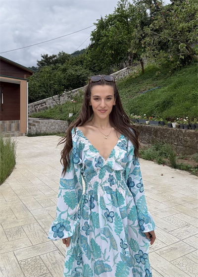 Looser Su Yeşili Etnik Desen Gipe Detaylı İpek Elbise