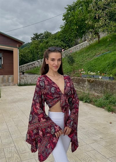 Lumiera İthaal Etnik Desenn kelebek Kol Mürdüm Bolero