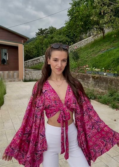 Lumiera İthaal Etnik Desenn kelebek Kol Pembe Bolero