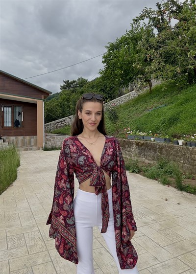 Lumiera İthaal Etnik Desenn kelebek Kol Mürdüm Bolero
