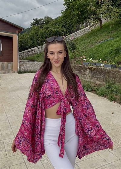 Lumiera İthaal Etnik Desenn kelebek Kol Pembe Bolero