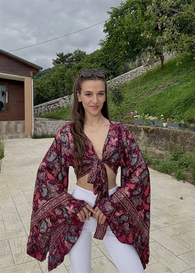 Lumiera İthaal Etnik Desenn kelebek Kol Mürdüm Bolero