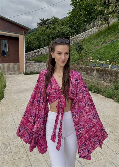 Lumiera İthaal Etnik Desenn kelebek Kol Pembe Bolero