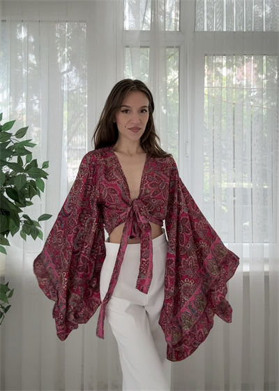 Lumiera İthal Etnik Desen Kelebek Kol Fuşya Bolero