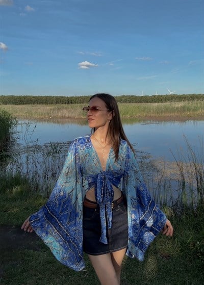 Lumiera İthal Etnik Desen Kkelebek Kol Lacivert Bolero