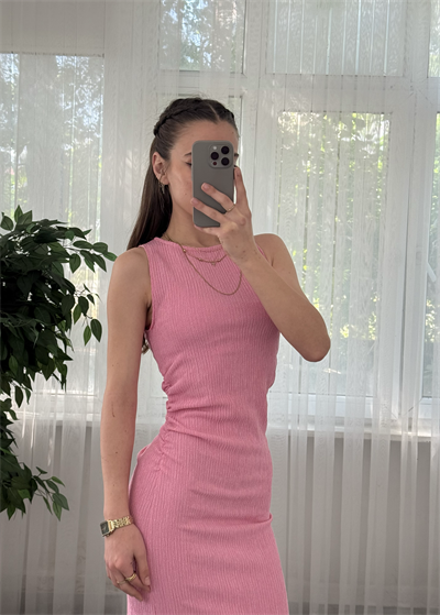Luna Pembe Krınkıl Yan Büzgülü Elbise 