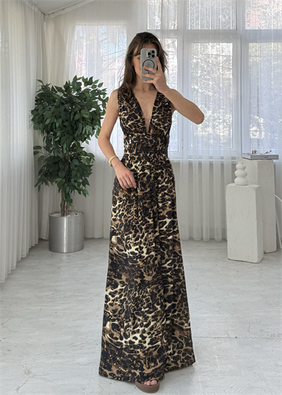 Luneth Etnik Deseen Leopar Bağlama DetaylI İpek Elbise 