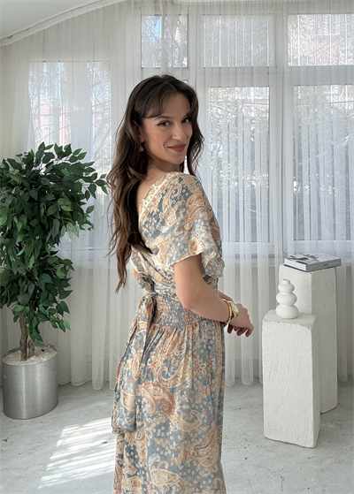 Luneth Nude Etnik Desen Bağlama DetaylI İpek Elbise 