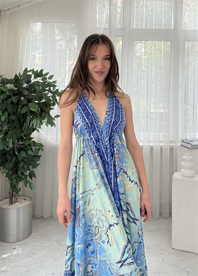 Mare İthal Etnik Desen Sırt Dekolteli Mavi İpek Elbise 
