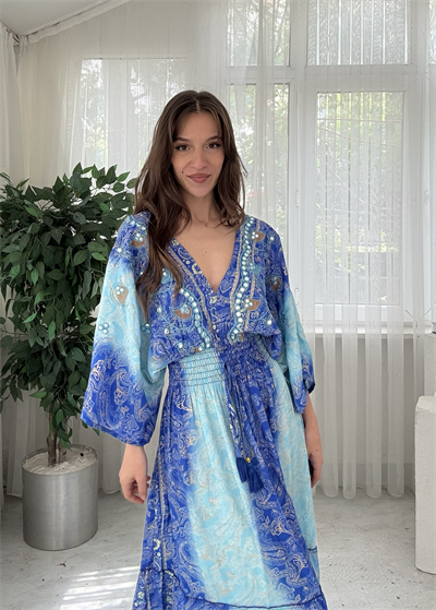 Maria İthal Etnik Desen Mavi Elbise 