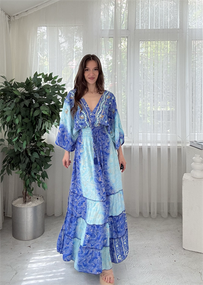 Maria İthal Etnik Desen Mavi Elbise 
