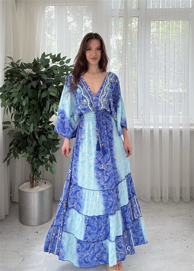 Maria İthal Etnik Desen Mavi Elbise 