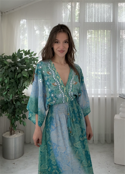 Maria İthal Etnik Desen Yosun Yeşili Elbise 