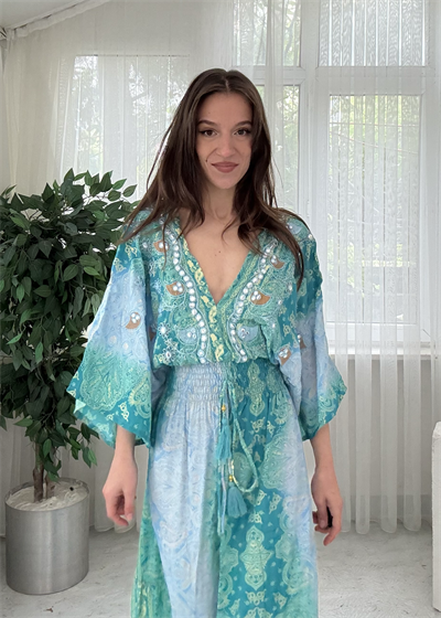 Maria İthal Etnik Desen Yosun Yeşili Elbise 