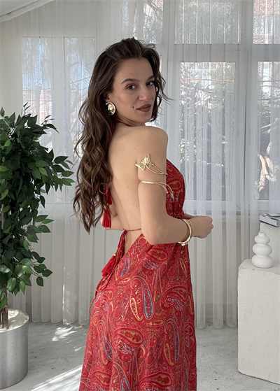 Maris Etnik Desen Kırmızı İpek Bohem Elbise