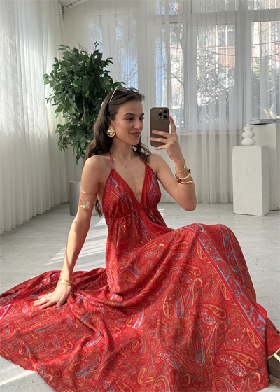 Maris Etnik Desen Kırmızı İpek Bohem Elbise