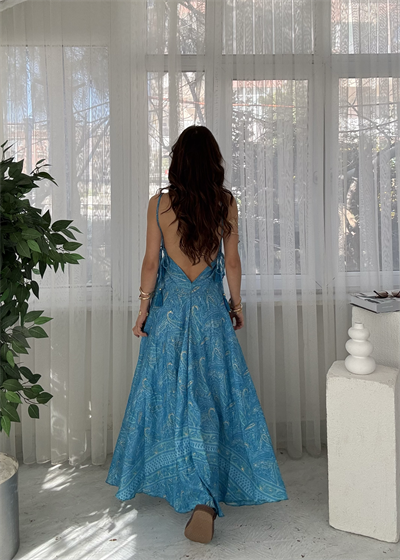 Maris Etnik Desen Mavi İpek Bohem Elbise