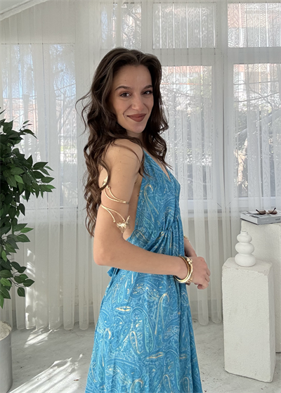 Maris Etnik Desen Mavi İpek Bohem Elbise