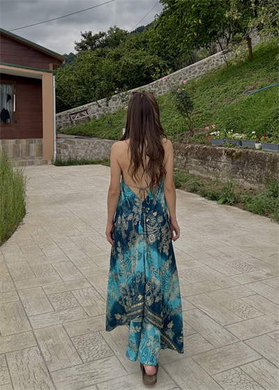 Maris Zümrüt Bohem İpek Sırt Dekolteli Elbise